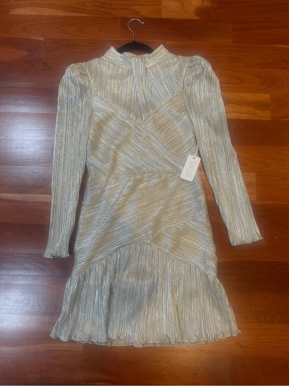 SAYLOR Metallic Cream Long-Sleeve Pleated Wrap Dress